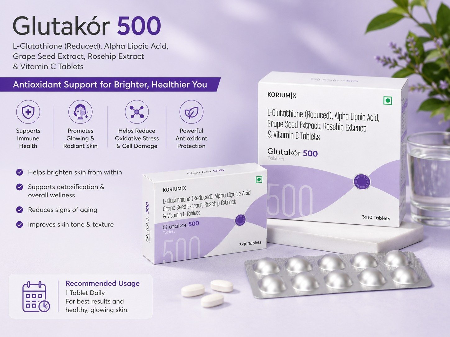 Glutakor 500 L-Glutathione, Alpha Lipoic Acid & Vitamin C Tablets